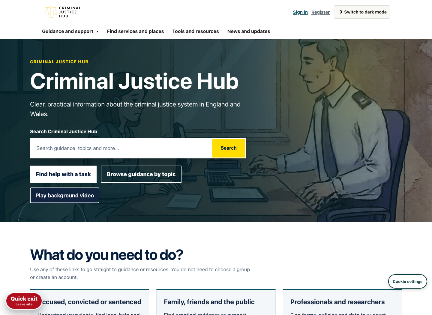 New Hub homepage, with a prominent search box and separate routes for people involved in a case, families and professionals.