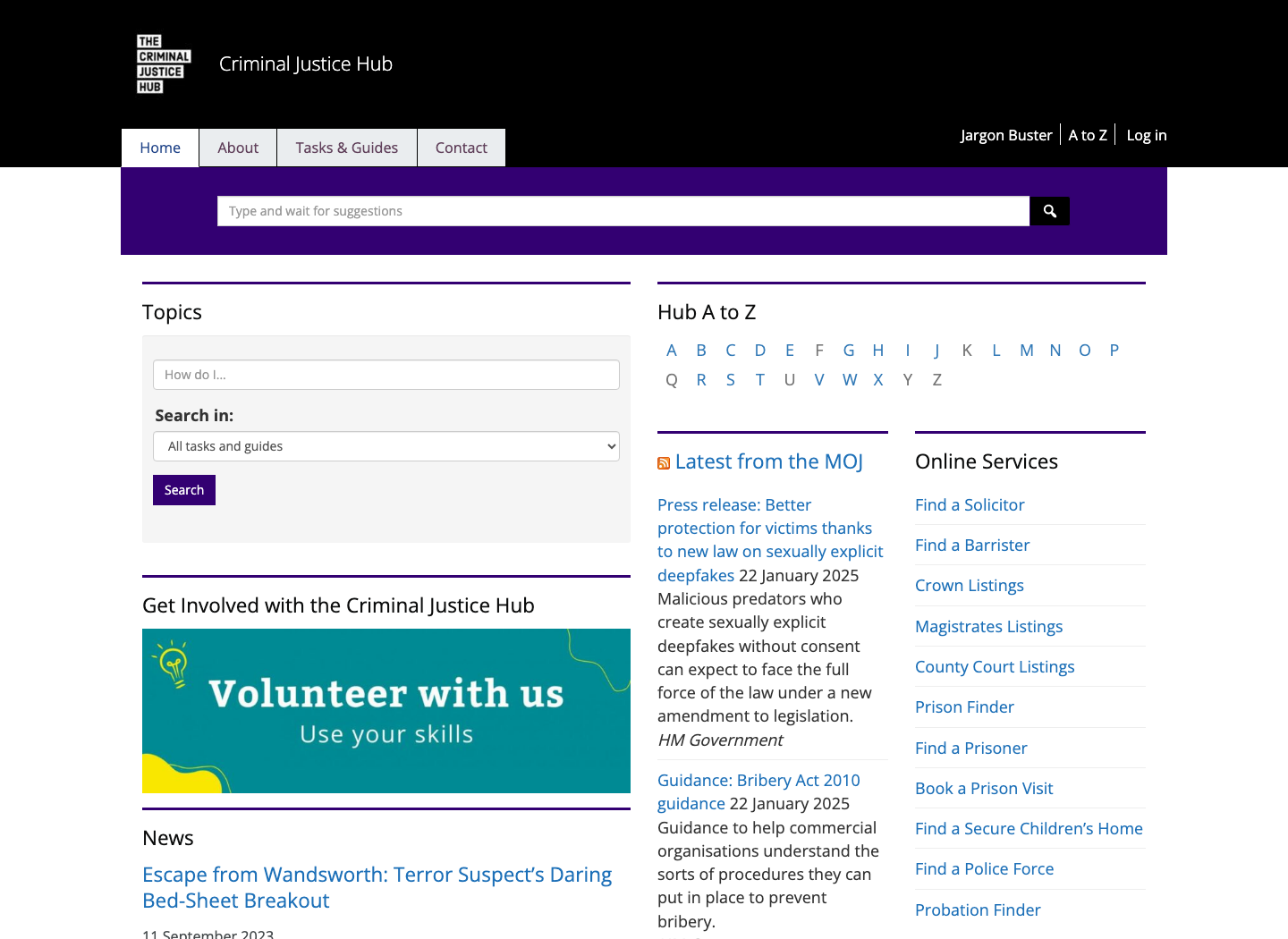 Previous Hub homepage, with a topics list, A to Z links and news arranged in columns.